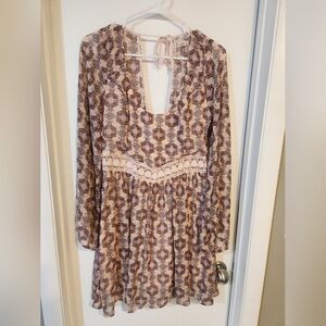Hollister Beige and Brown Boho Print Long Sleeve Dress